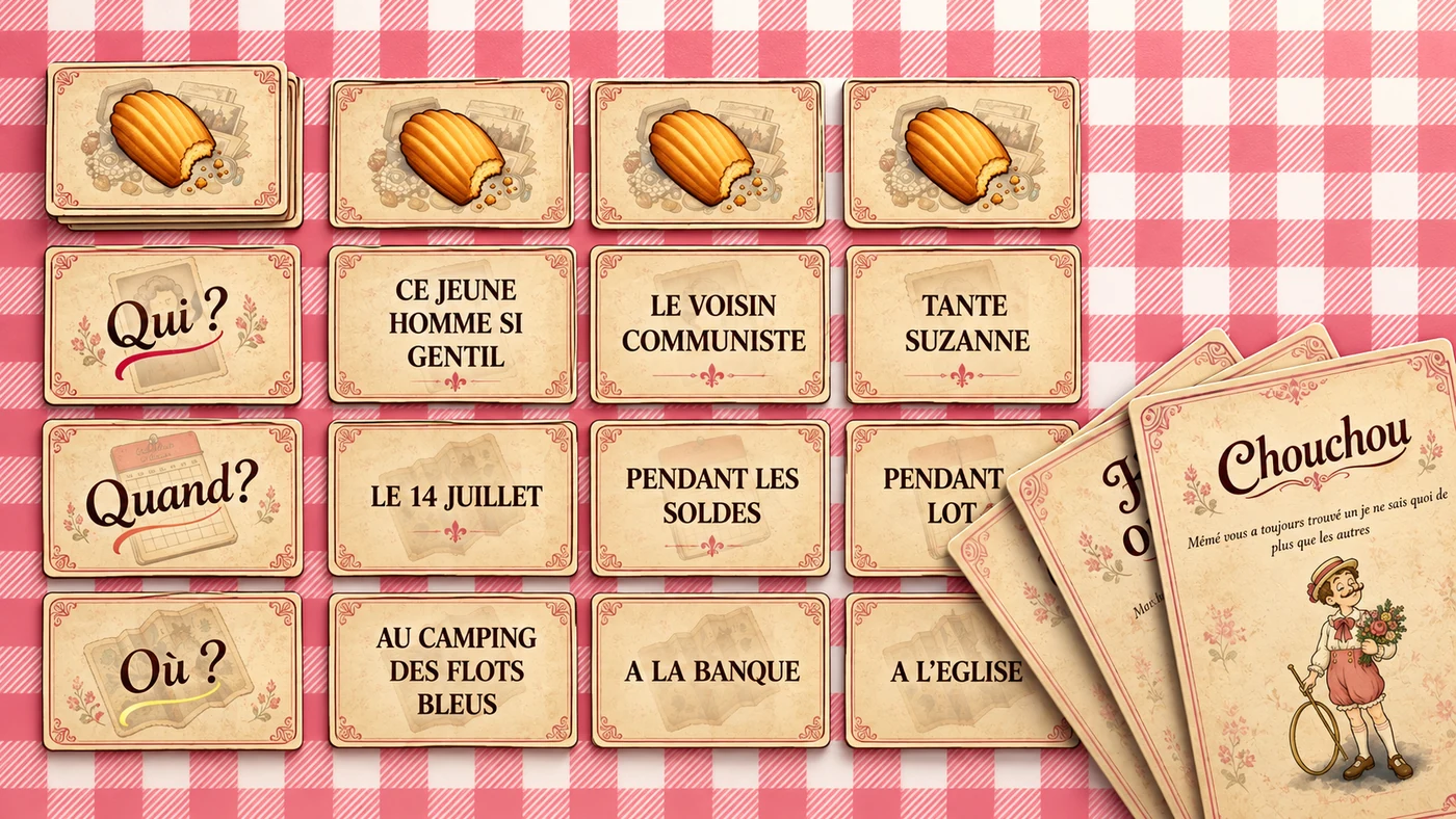 Aperçu des cartes du jeu Mais oui Mémé, disposées sur une nappe à carreaux roses